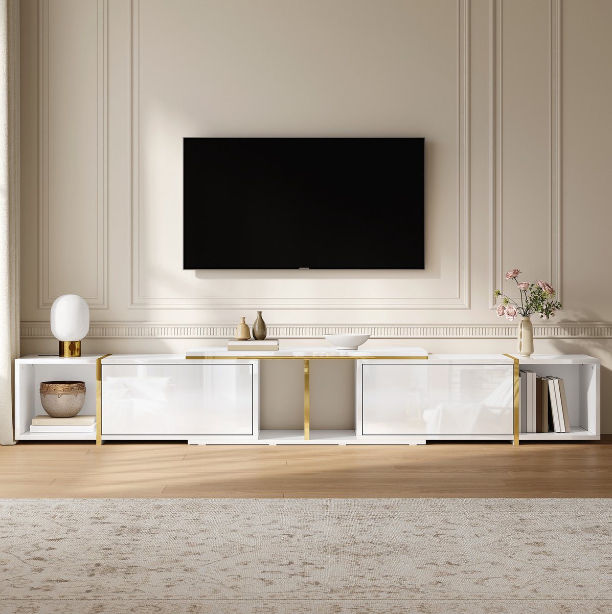 FloraGrace TV Meubel - Uitschuifbaar Hoogglans Design Met Gouden Details - Woonkamer En Mediahoek - Spaanplaat - Wit - 275x35x37 Cm