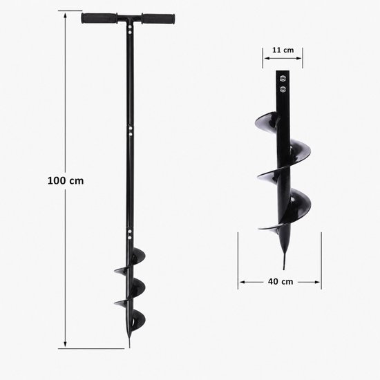 Afmetingen van de zwarte grondboor: 100cm hoog, 11cm breed en 40cm diep.