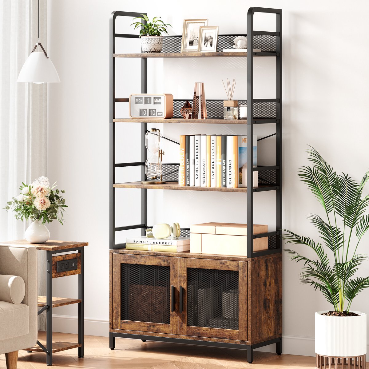 Boekenkast 4 Lagen met Opbergkast - 80x30x180cm - Hoge Boekenkast - Opbergkast - Rustiek Displayrek - Voor Woonkamer Slaapkamer Kantoor - Bruin