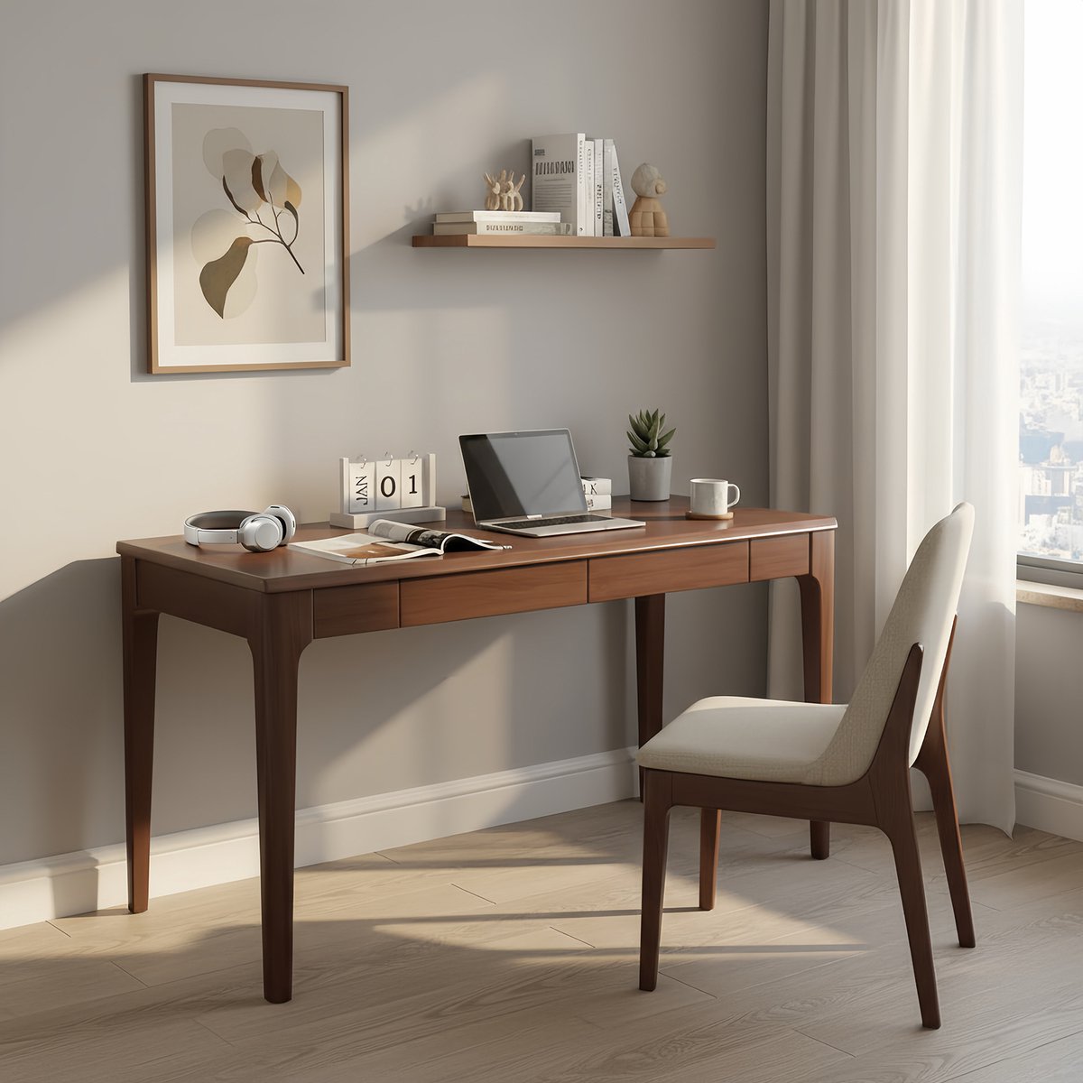 VVBV Bureau - 100% Massief Hout, 2 Lades, Afgeronde Randen, Mid-Century, Compact voor Kleine Ruimtes - Walnoot