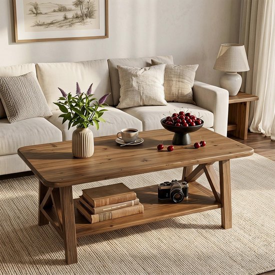 Houten salontafel met X-poten en opbergplank, met een vaas met lavendel, schaal met kersen en een camera.