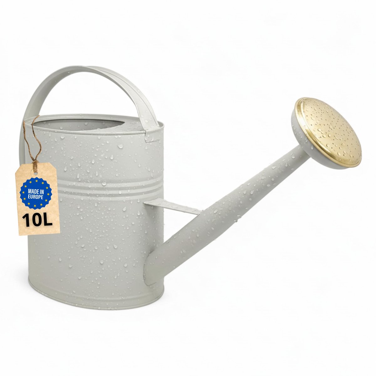 Famanu – Gieter van 10 liter, metalen gieter voor tuin en balkon, hoogwaardige gieter van verzinkt metaal met afneembare sproeier, retro met messing sproeier, greige