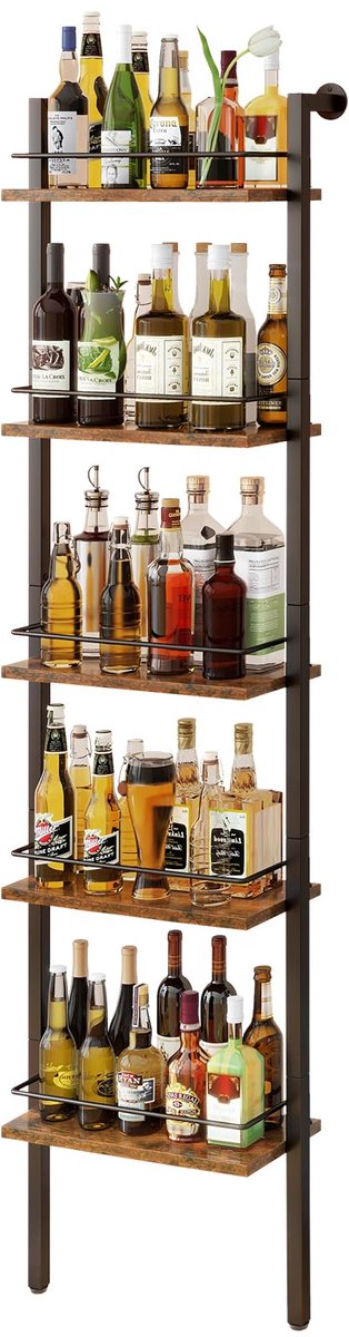 Famanu – Vrijstaande wijnrekken met 5 lagen, drankfles displayplank met hekken, wandgemonteerde opbergstandaard voor keuken en eetkamer (43 x 20 x 177 cm, vintage bruin)