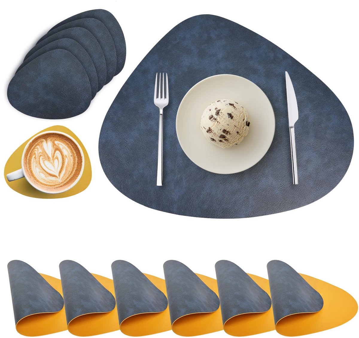 Famanu – Set van 6 ronde placemats en onderzetters, dubbelzijdige tafelmatten, warmtebestendig, waterdicht en wasbaar, antislip (blauw en geel