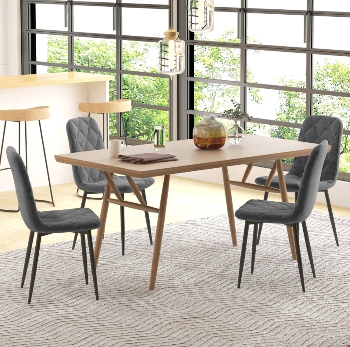 OKWISH Eetkamerstoel Set van 4 - Comfortabele Gestoffeerde Stoelen Met Rugleuning - Voor Eetkamer, Woonkamer En Ontvangstruimte - Metaal - Grijs