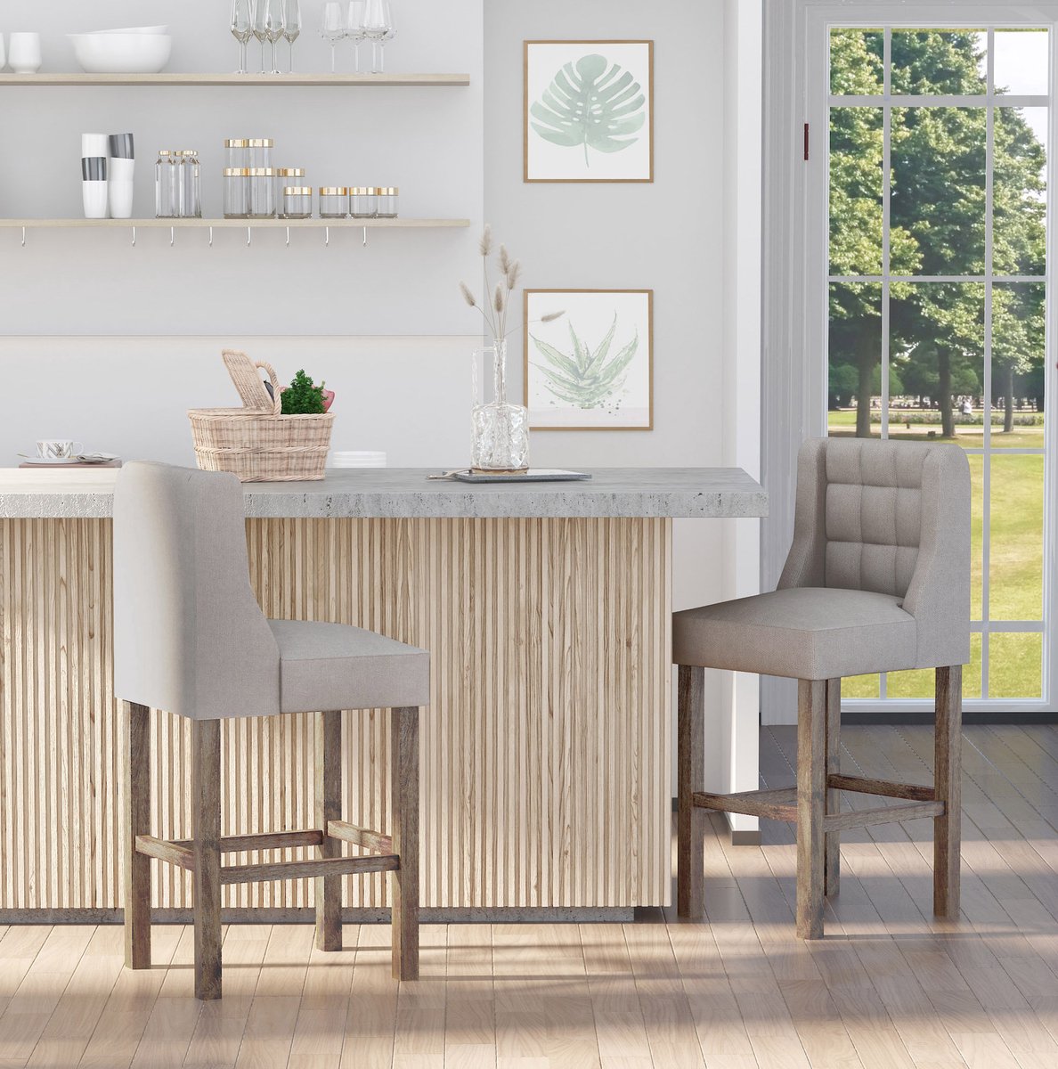 OKWISH Barkruk Set van 2 47 x 50 x 101 cm - Met Rugleuning, Knoopstiksel & Voetsteun - Voor Keukenbar of Huisbar - Hout - Beige en Naturel