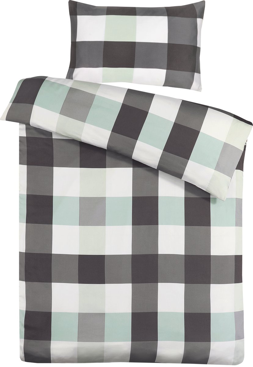 Padiro dekbedovertrek 140 x 200 cm - antraciet / mint - geruit vichy design - katoensatijn - met 1 kussensloop 70 x 90 cm