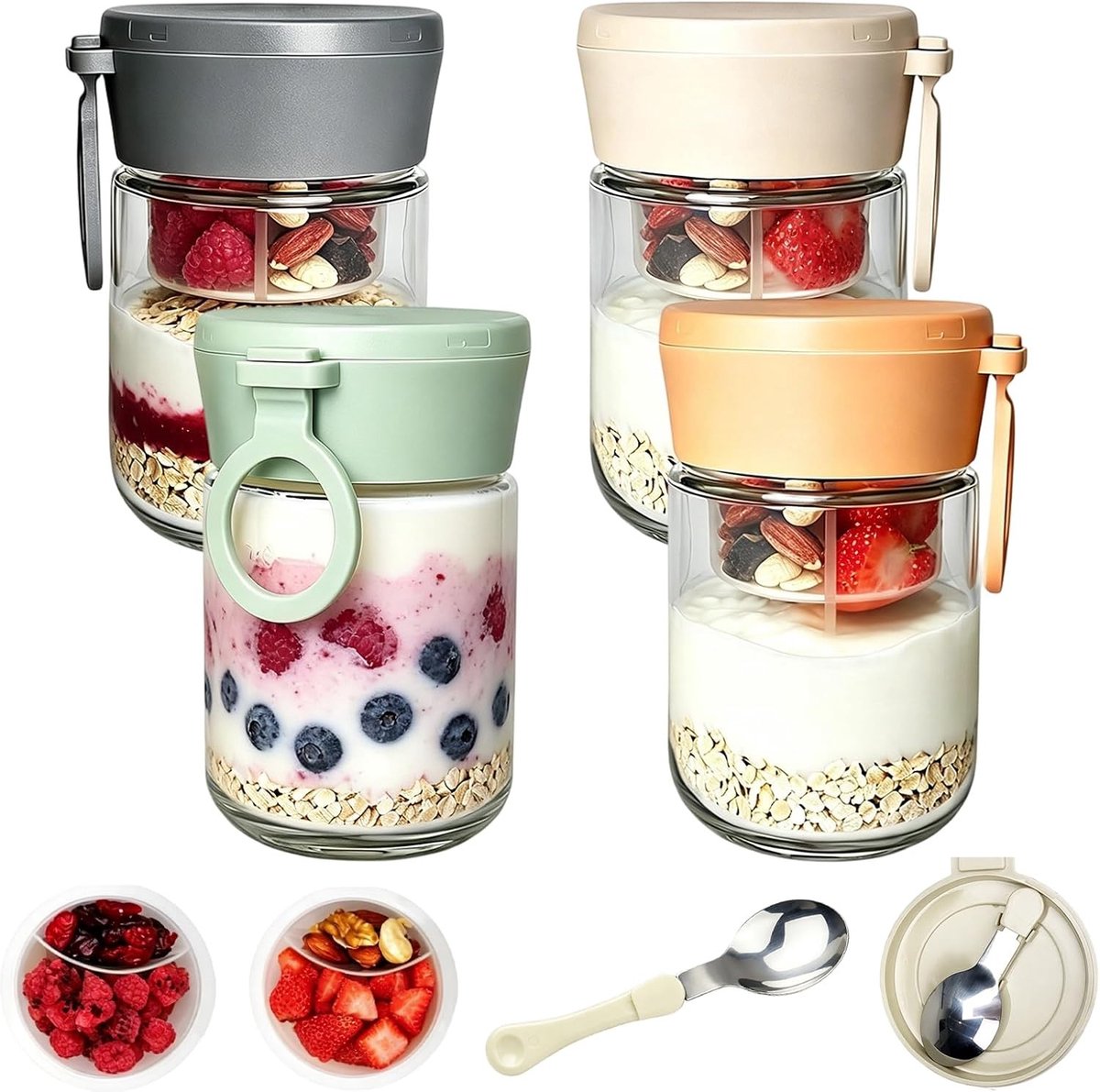 Overnight Oats Glazen met Lepel - Transparant - 480 ml - Dubbellaags, Lekvrij Design - Voor Maaltijdvoorbereiding