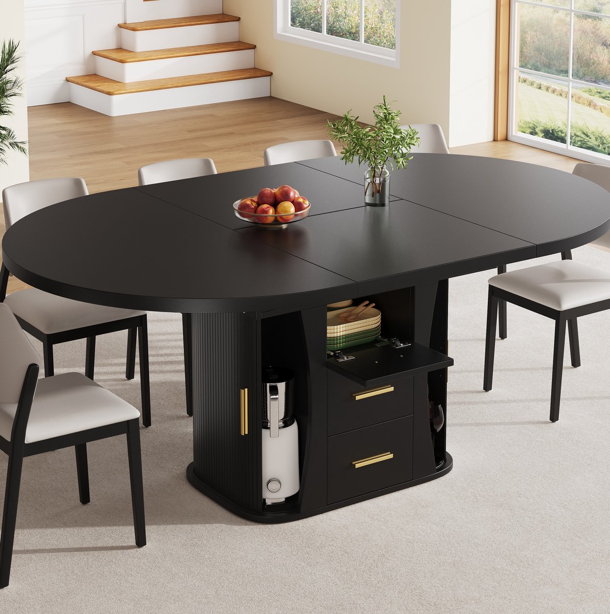 Wishdor Eettafel - Uitschuifbaar rond ovaal - Opbergruimte schuifrails - Modern - Woonkamer eetkamer keuken - MDF - Zwart - Voor 6 personen - 118 x 118 x 77 cm