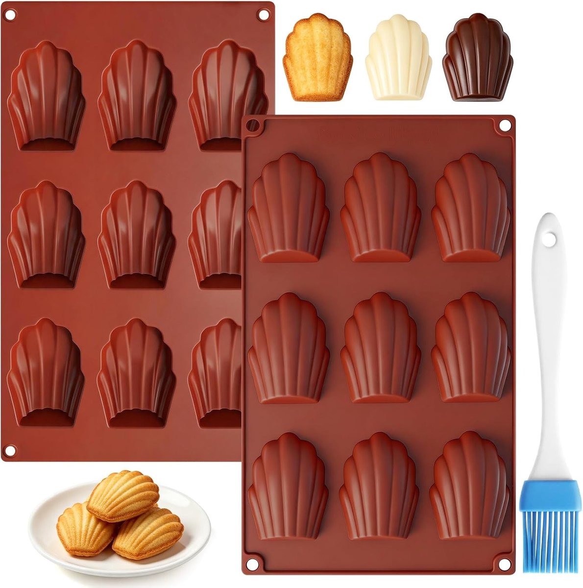 Set van 2 Siliconen Bakvormen - Bruinrood - 9 Holtes per Vorm - Herbruikbare Madeleinemallen - Voor Bakplezier en Creatieve Projecten