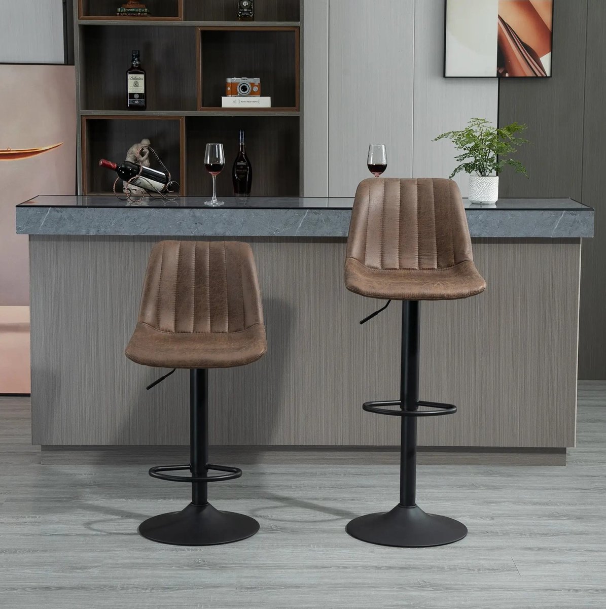 OKWISH Barkruk Set Van 2 Hoogte Verstelbaar Draaibaar Met Rugleuning En Voetsteun Voor Keuken En Bar Metaal Bruin