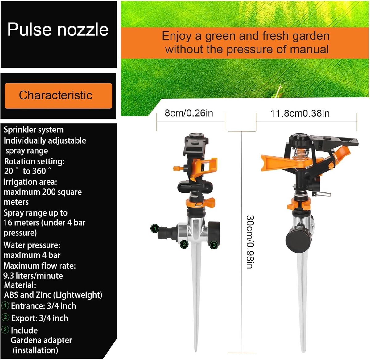 Watervernevelaar Tuin - Oranje - 30 x 8 x 3 cm - Instelbare Sproeiparameters - Voor Tuin en Gazon