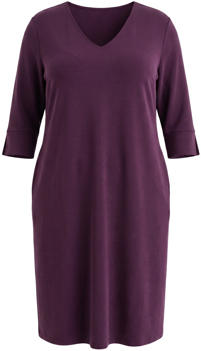 Ulla Popken - Dames - Sweatjurk V-hals 3/4-mouw modalmix - Donkerpruim - Maat 58+