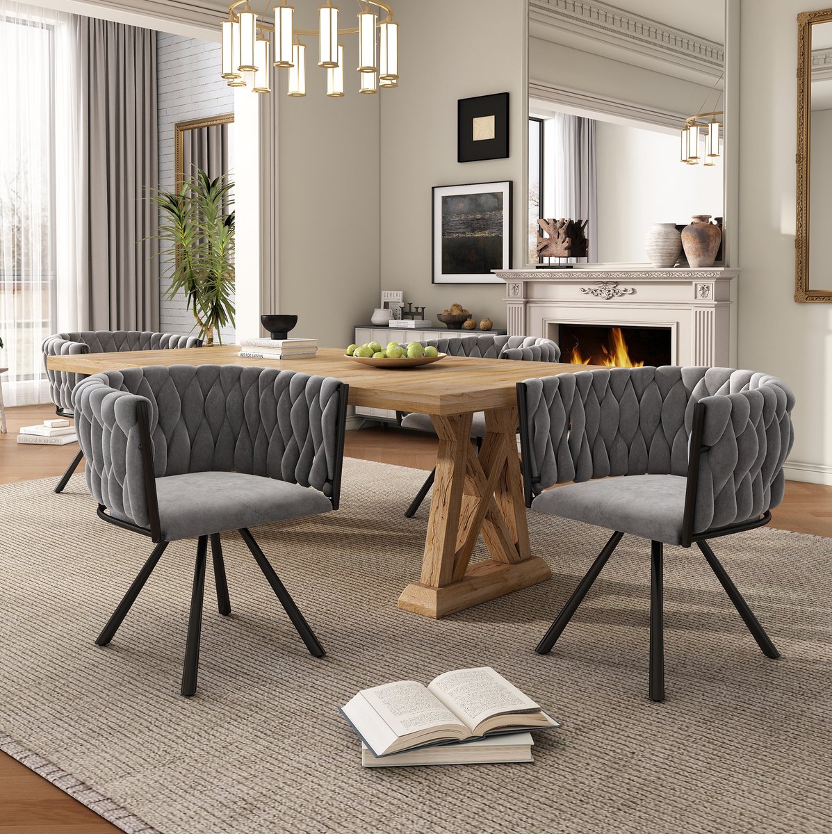 STILVORA Eetkamerstoel Set Van 4 – 360° Draaibaar Met Armleuning – Voor Eetkamer En Woonkamer – Fluweel – Grijs