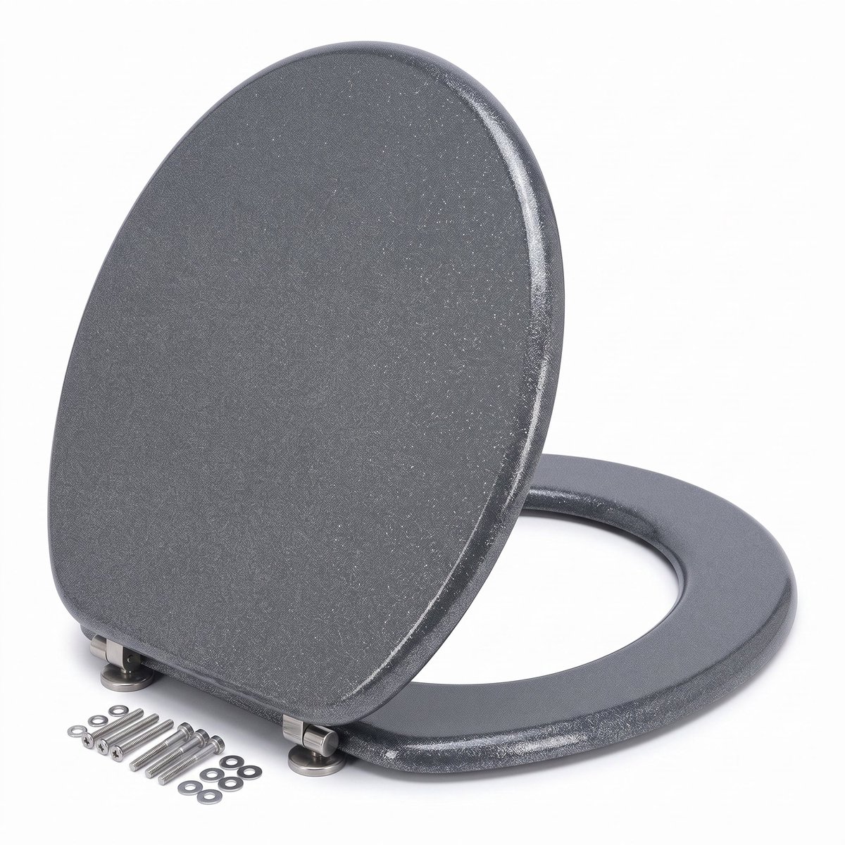 Cheqo® Toiletbril - WC Bril - Toiletzitting - Closetbril - Toiletdeksel - Glitter Toiletbril - Zilveren WC Bril - Grijze WC Bril - Toiletbril MDF - Houten Toiletbril - Universele Toiletbril - Ovale Toiletbril met Deksel - RVS Scharnieren