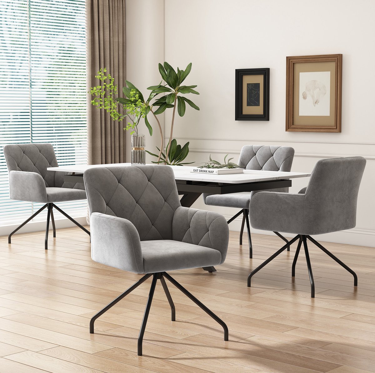 Eetkamerstoel Set van 4 - Normale Eetkamerstoelen - Gepolsterd Met Armleuningen - Voor Eetkamer, Werkplek En Slaapkamer - Velvet Lichtgrijs