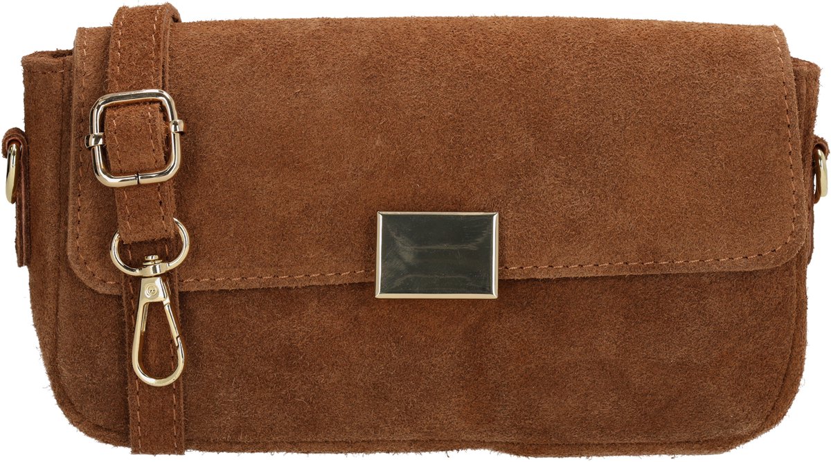 Charm London Vittoria Crossbodytas - Suede - Damestas - Schoudertas - Ritsvak - Verstelbare Schouderband - Afneembare Schouderband - Leren Dames Tas - Cognac