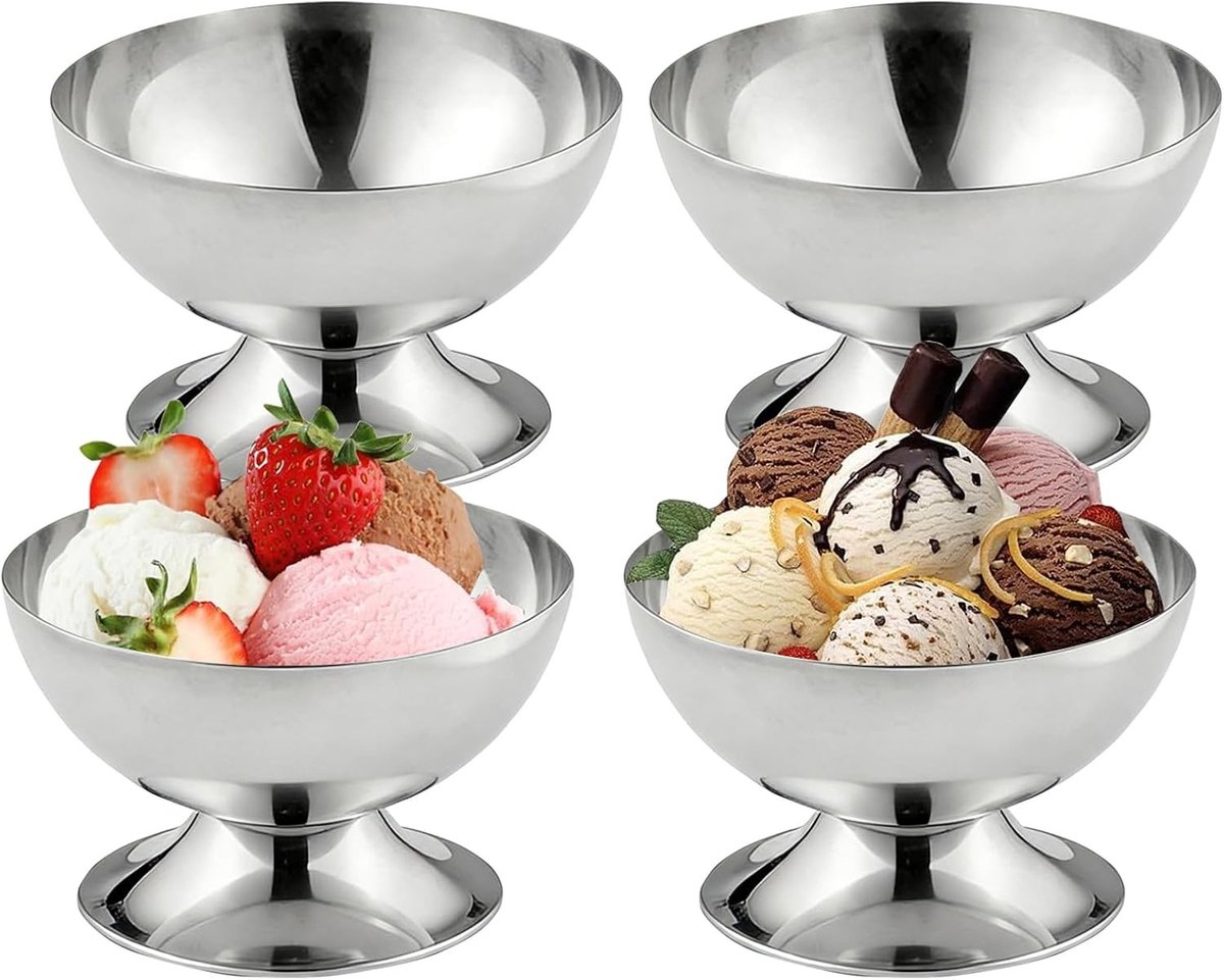 Set van 4 RVS IJsroomkopjes - 10 cm Diameter, 200 ml - Ideaal voor Desserts, Cocktails en Salades, Perfect voor Feesten en Bruiloften