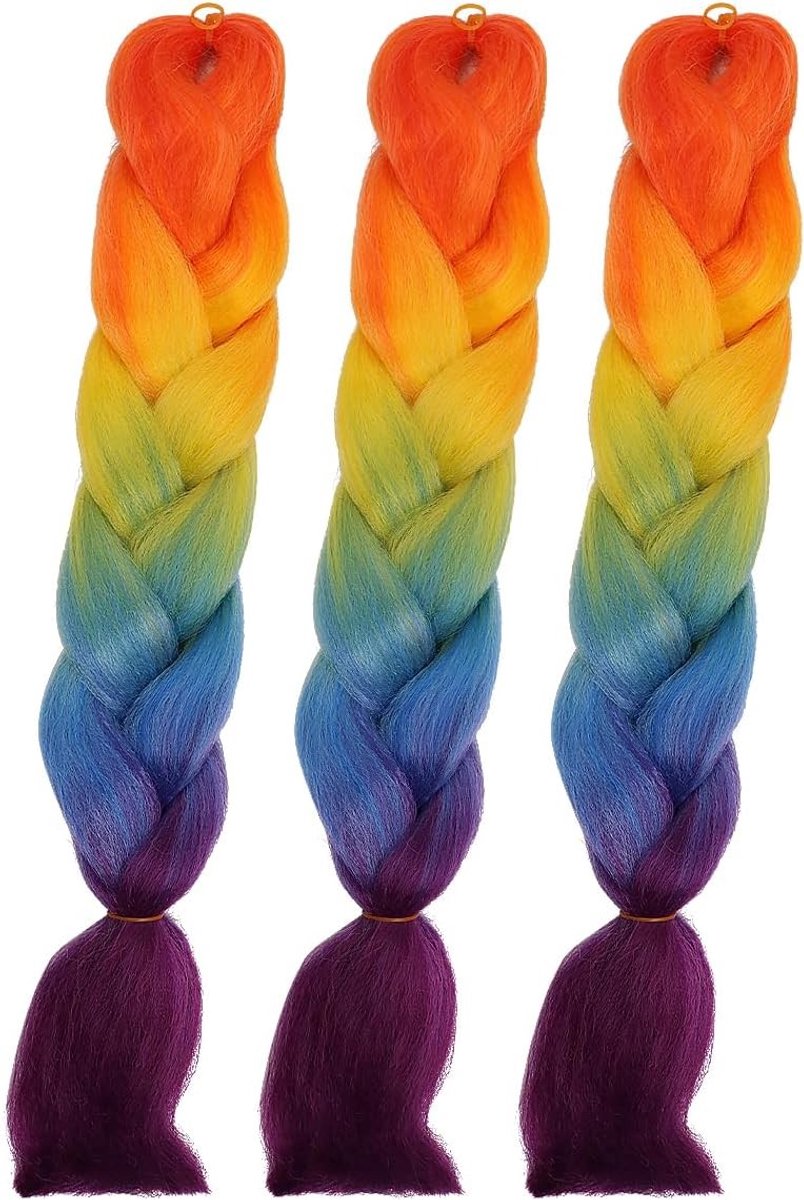 3 Stuks 24 Inch Jumbo Vlecht Haar Extensions - Synthetische Ombre Vlechten in Oranje, Geel, Blauw en Paars Rood voor Volumineuze Haarstijl