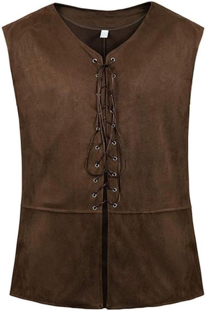 Vintage Renaissance Vest voor Mannen met Laces en V-hals - Piratenkostuum zonder Mouwen, Retro Steampunk en Viking Suede Leren Tanktop voor Halloween Cosplay en Feestjes