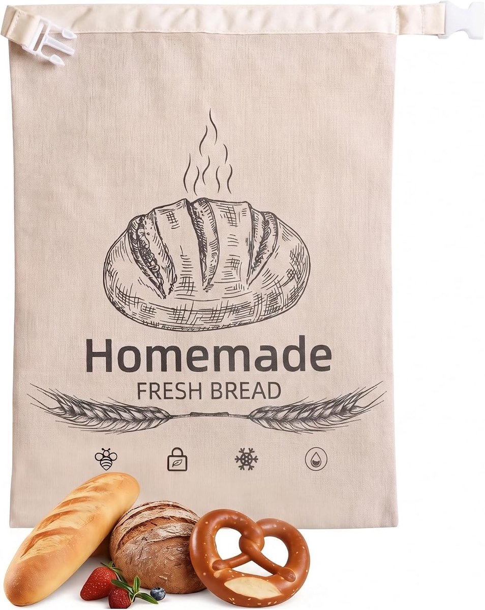 Herbruikbare Katoenen Broodzak Set, Organische Linnen Broodzak voor Desembrood, Ideaal voor Opslag en Vriezen, 43 x 32 cm