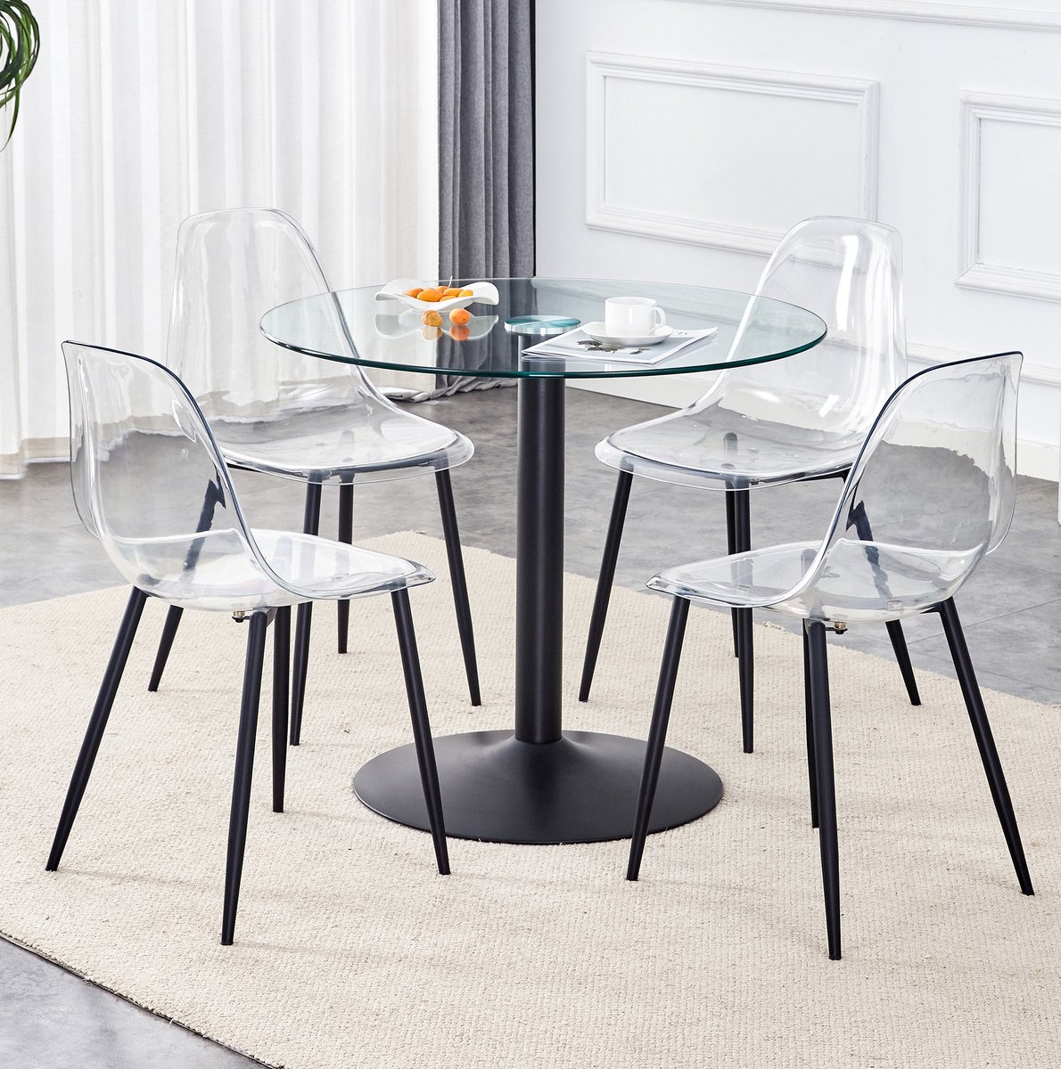 Wishdor Ronde eettafelset - 4 stoelen transparant - Glazen blad zwart metaal - Modern - Eetkamer keuken balkon - Voor dagelijks gebruik - 85 x 85 x 76 cm