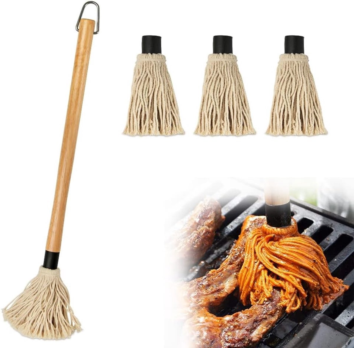Barbecueborstel - Multi-kleur - 45 cm - Professionele Grillborstel met Houten Handvat en 3 Extra Reservekoppen - Voor Grillen en Braden