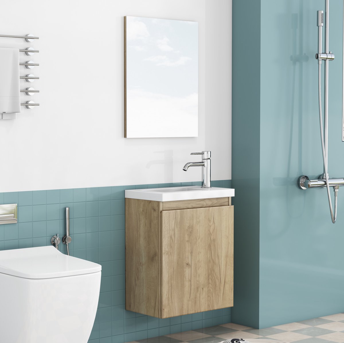 MIVRAY Badkamer Wastafelmeubel Wandgemonteerd Met Keramische Wastafel En Spiegel Grijploos Oak 39,8 Cm