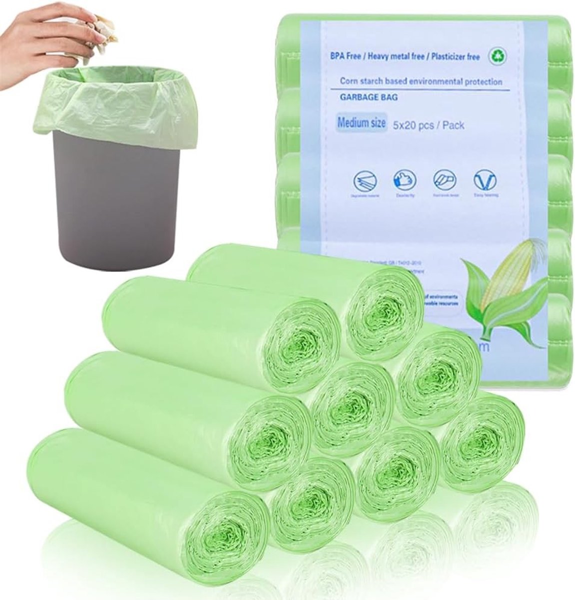 Biologische Afvalzakken - Groen - 10 Liter - Composteerbare Vuilniszakken - Voor Keuken en Kantoor