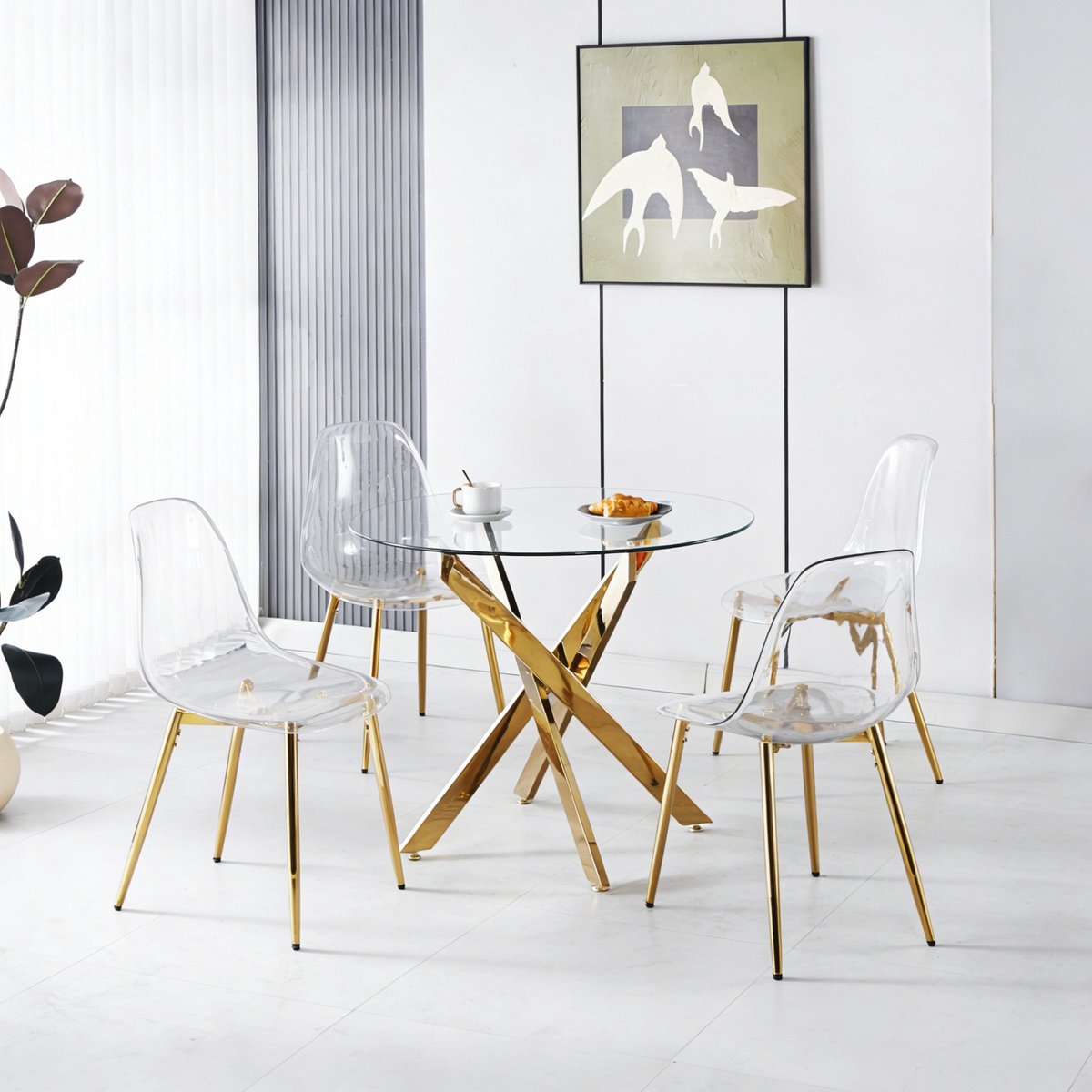Wishdor Eettafelset 1 tafel + 4 stoelen - Rond glazen tafelblad - Metalen frame en transparante stoelen - Modern - Eetkamer keuken - Golden