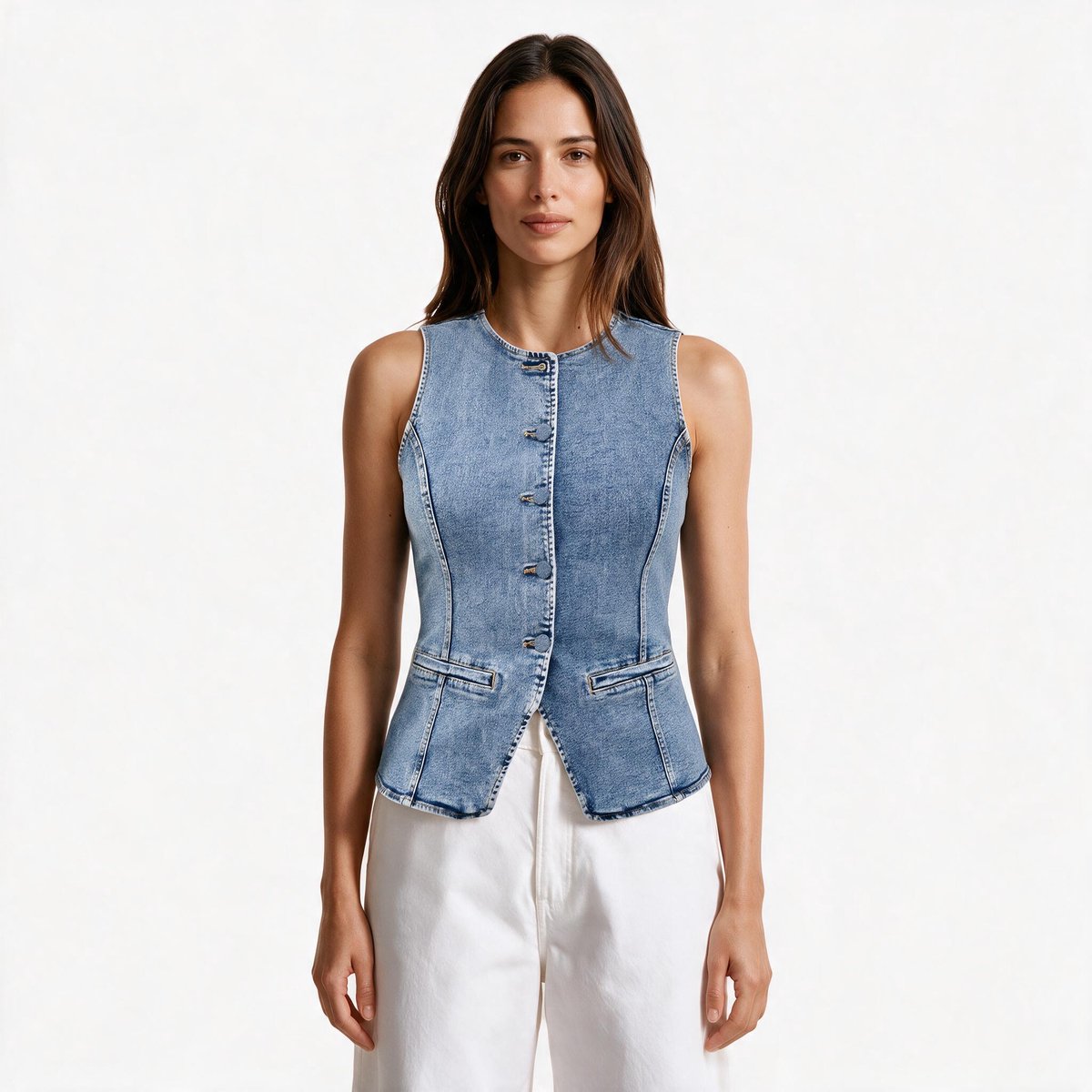 Imily Bela Dames Getailleerd Denim Gilet met Knopen