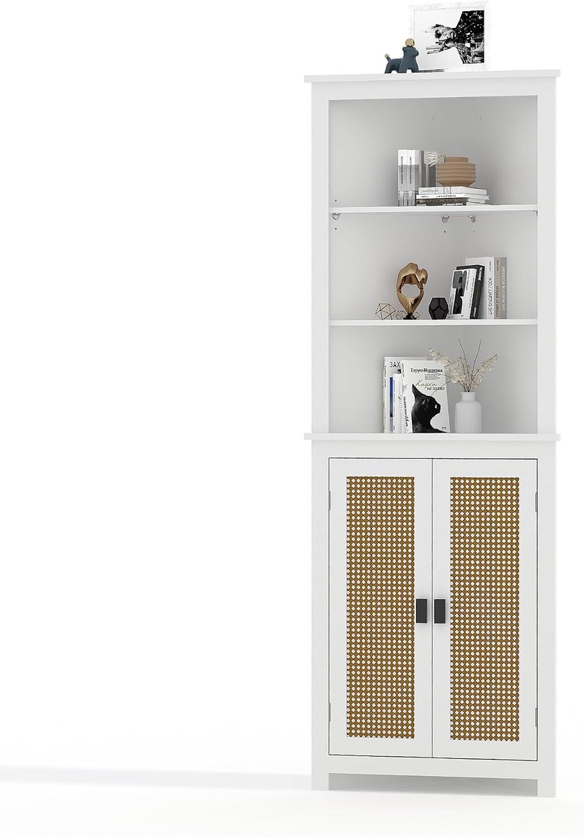 Hoge Opbergkast - landelijke stijl - 2 schuifdeuren in schuurstijl - Verstelbare planken + anti-kantelsysteem - Voor hal, keuken, eetkamer, badkamer