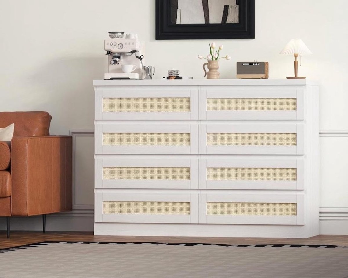 Ladekast van rotan met 8 laden (119 cm) — Moderne opbergkast in landelijke stijl — Dressoir en tv-meubel voor woonkamer, slaapkamer of hal