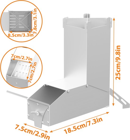 Froadp 2er Rocket Stove RVS vuurschaal open haard - Draagbare kampeerhoutkachel, kampeerkachel met tas, kampeerkachel en terraskachel. Campinggrill voor BBQ, wandelen, tuin, zilver — afbeelding 2