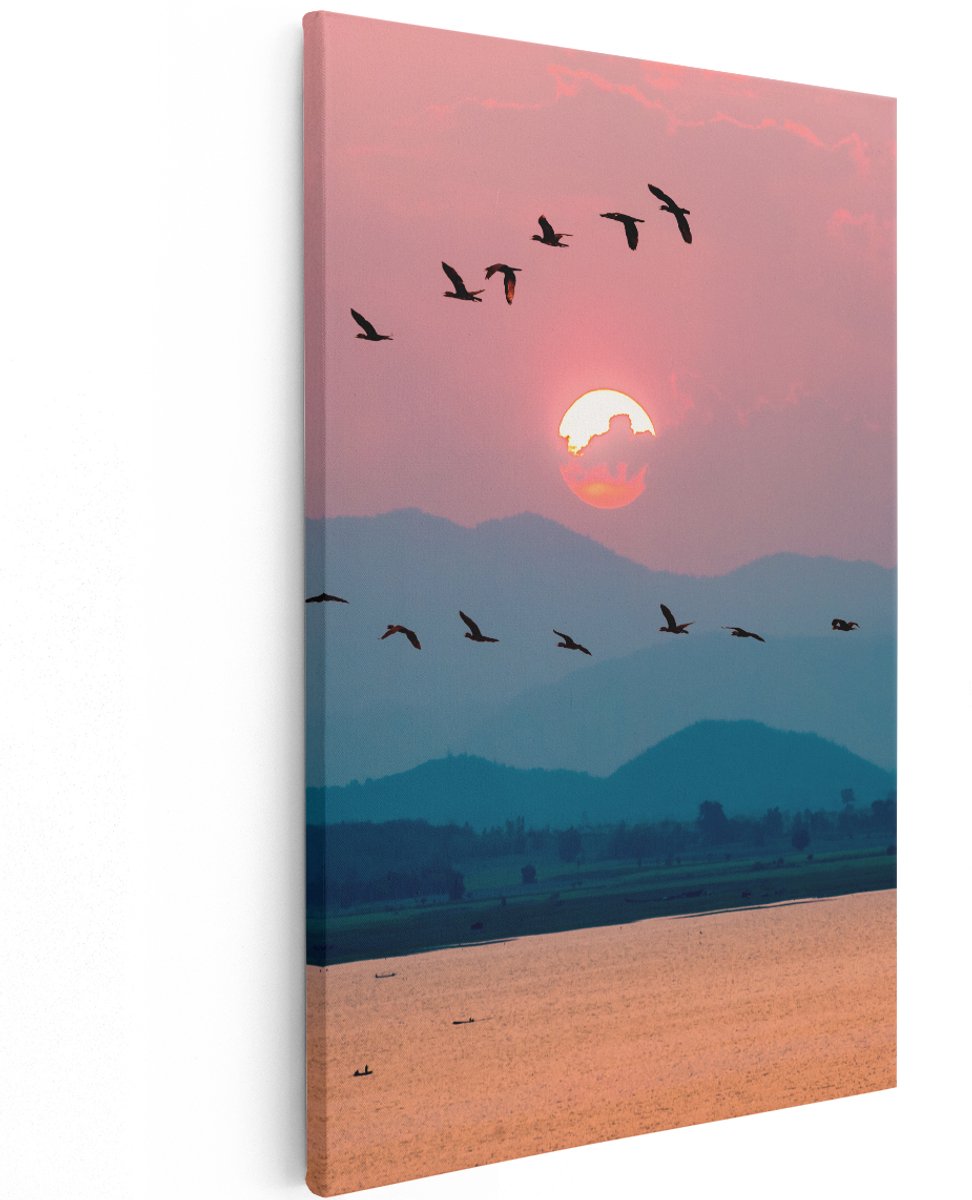 Artaza Canvas Schilderij Silhouet Van Zwerm Vogels Bij Zonsondergang - 120x180 cm - Groot - Wanddecoratie Woonkamer - Schilderijen - Muurdecoratie