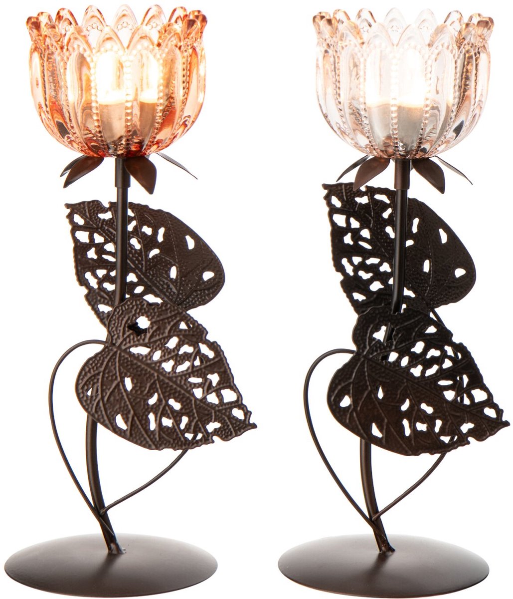 J-Line theelichthouder Bloem - ijzer/glas - lichtroze/oranje - medium - set van 2