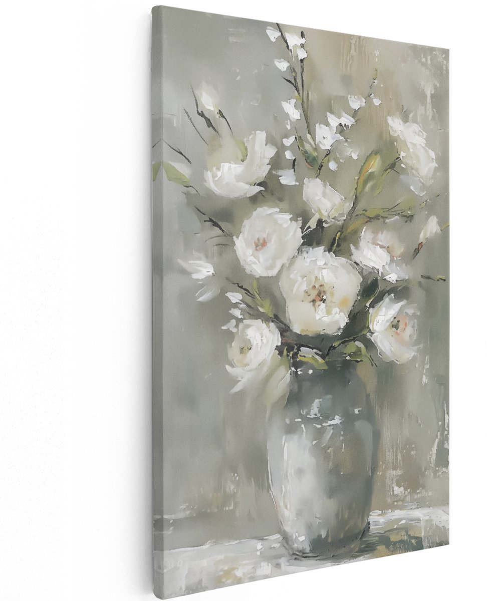 Artaza Canvas Schilderij Witte Bloemen in een Vaas - Bloemen - 120x180 cm - Groot - Wanddecoratie Woonkamer - Schilderijen - Muurdecoratie