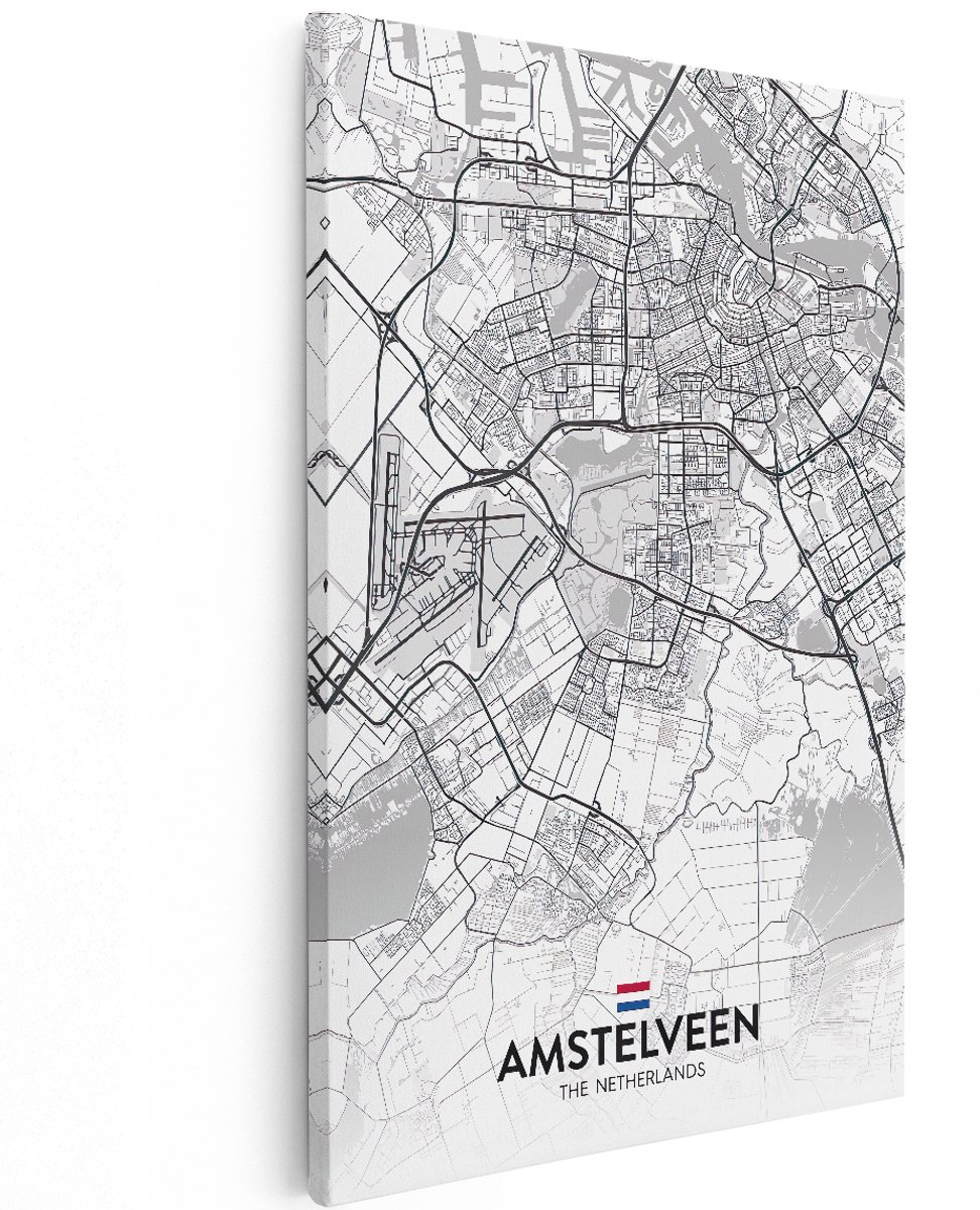 Artaza Canvas Schilderij Stadskaart Amstelveen in het Wit - 120x180 cm - Groot - Muurdecoratie - Canvas Print