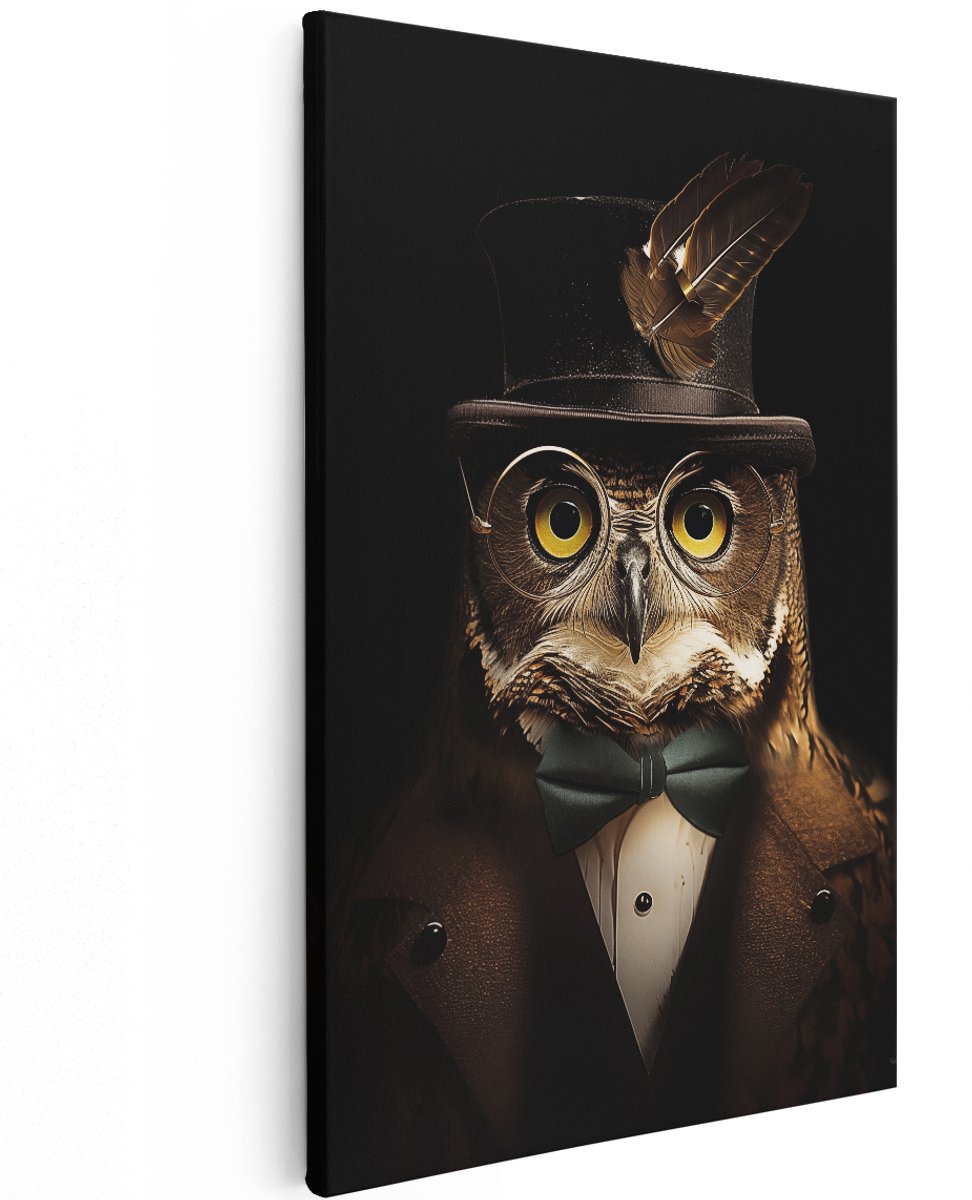 Artaza Canvas Schilderij Uil met Hoge Hoed - Dieren - 120x180 cm - Groot - Wanddecoratie Woonkamer - Schilderijen - Muurdecoratie