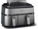 Philips heteluchtfriteuse met twee lades, geborsteld metaal en zwart.