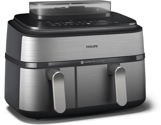 Philips heteluchtfriteuse met twee lades, geborsteld metaal en zwart.