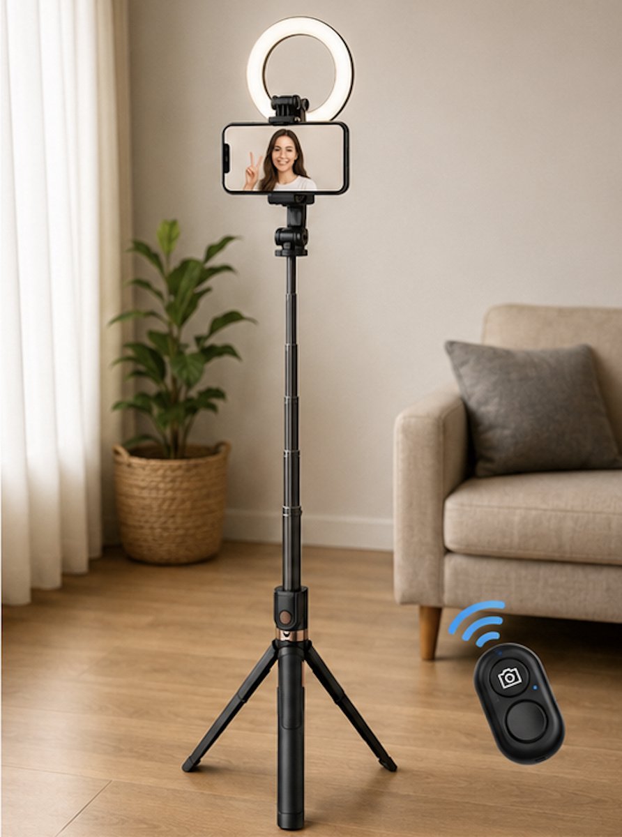 NEO LIVE-K9 Pro Selfie Stick met Ringlamp – 170 cm – Bluetooth Afstandsbediening – Statief & Telefoonhouder – Zwart