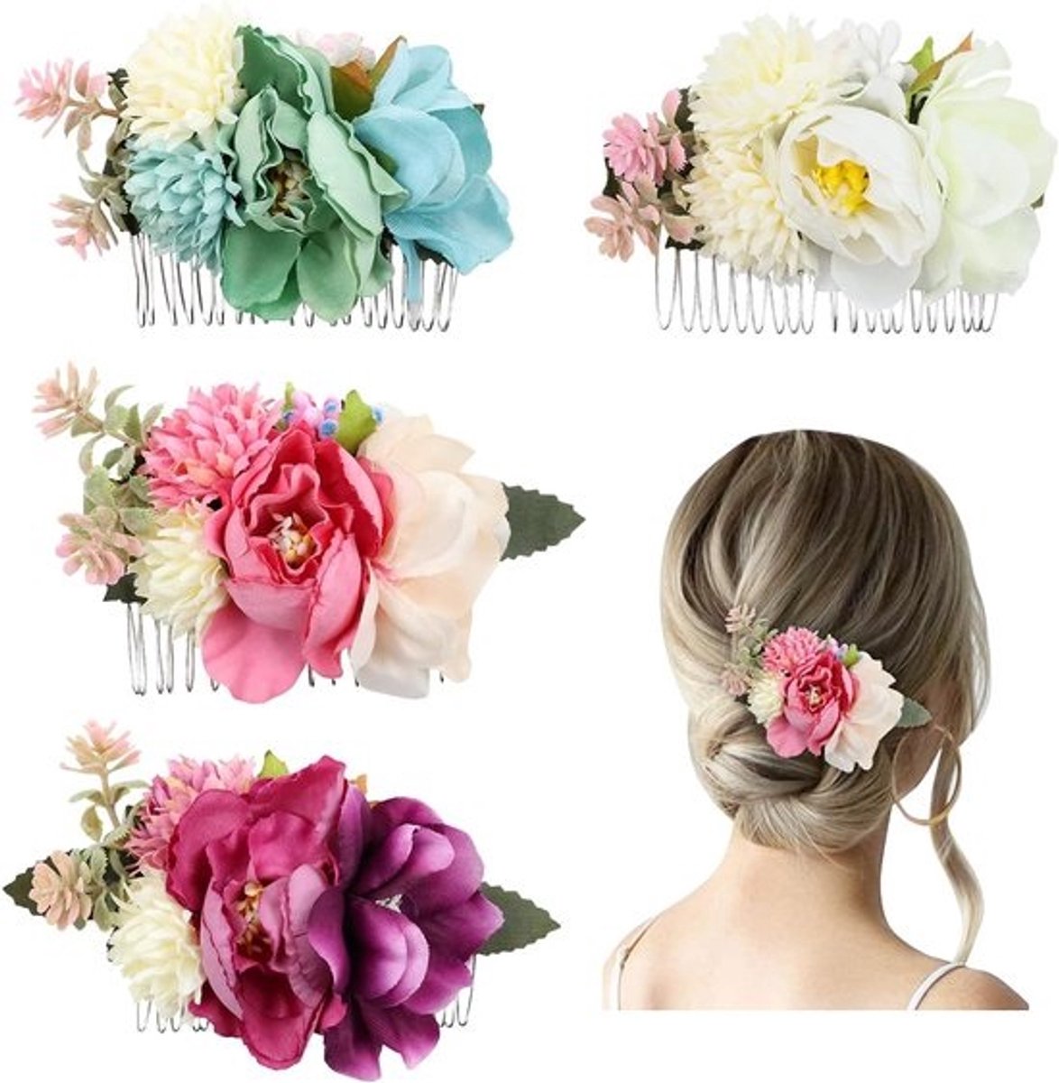 4 Stuks Bloemen Haarkammen Metall 20 Tanden Haarklemmen Zijkam Bruiloft Accessoires