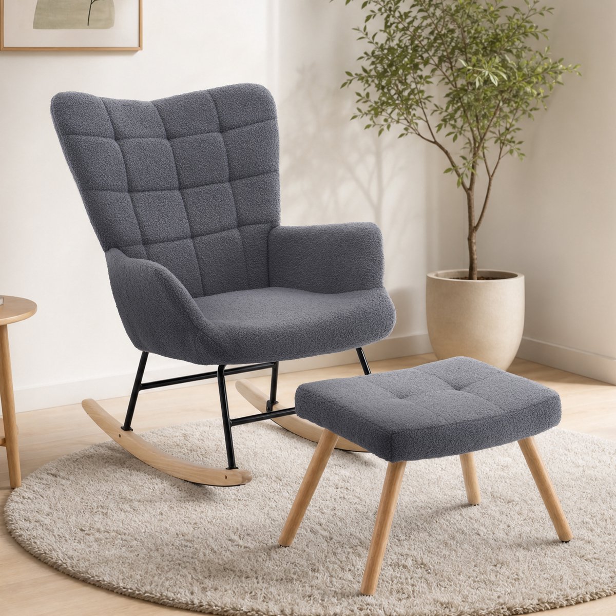 OKWISH Schommelstoel – Met Voetenbank en Hoge Rugleuning – 91 x 61 x 88 cm – Lamswol en Metaal Hout – Grijs – Voor Lezen en Rusten