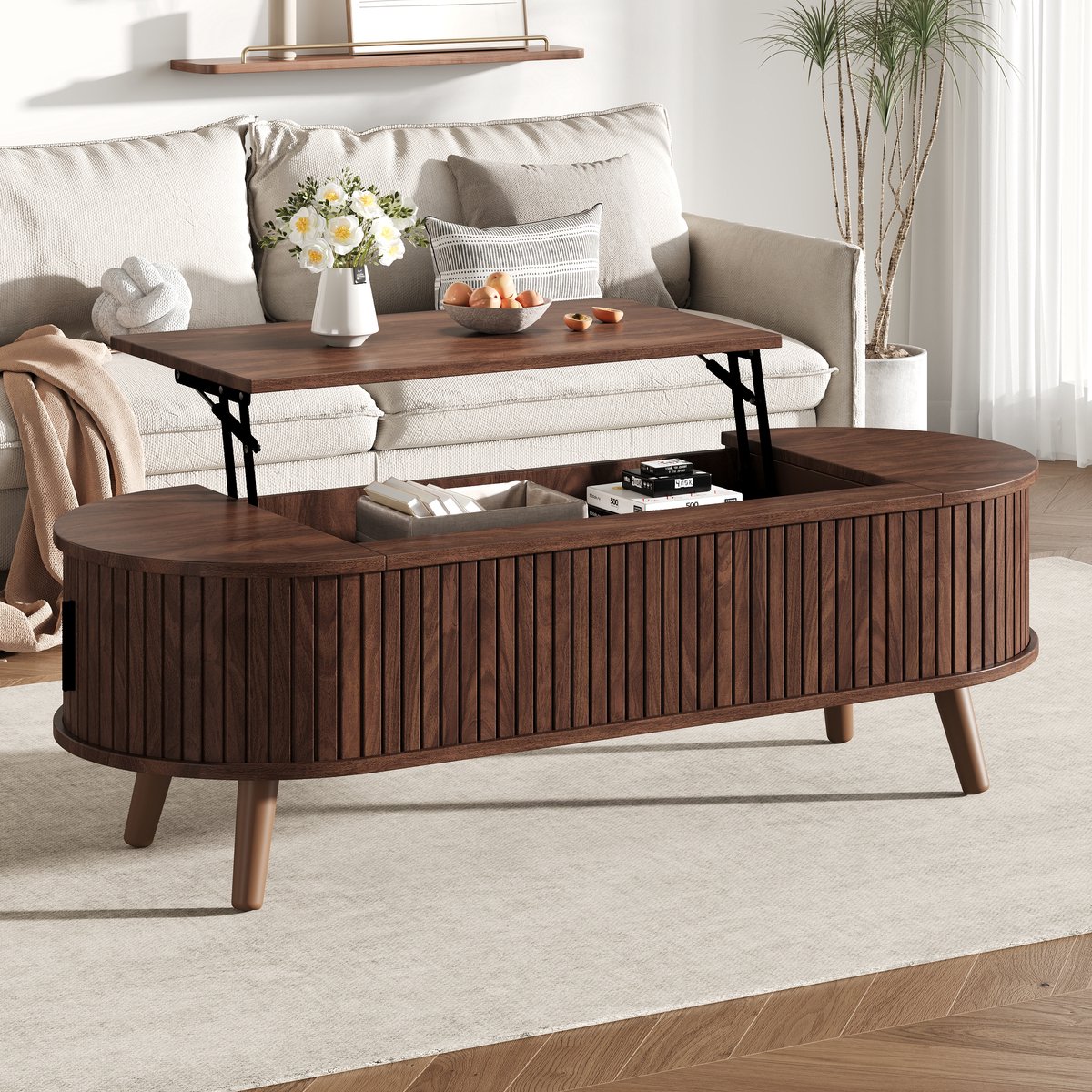 Lift Top Salontafel - Salontafel Met Verborgen Opbergruimte - Walnoot Woonkamertafel - 120x50 cm - In Hoogte Verstelbaar - Woonkamer Walnoot