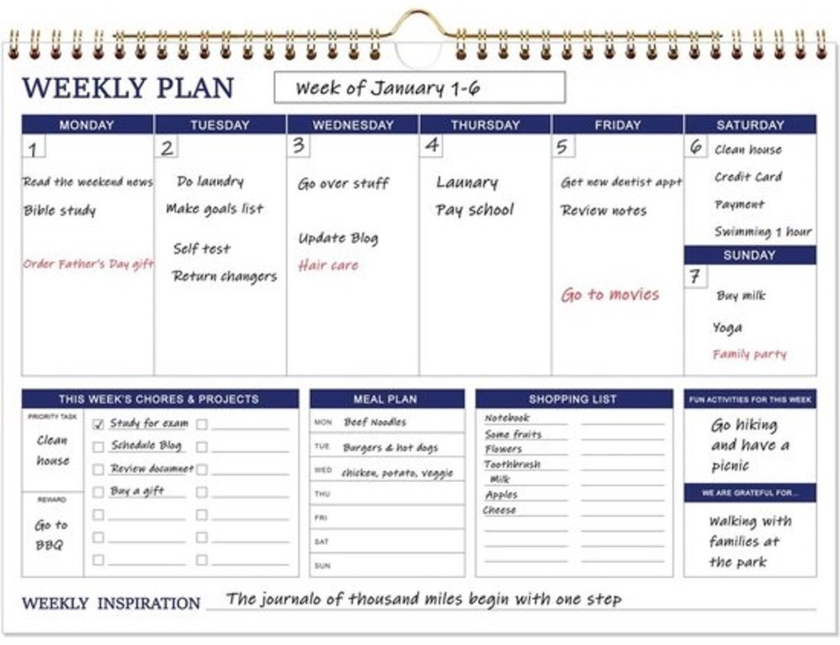 Grote Spiraalvormige Gezinsplanner voor Wekelijkse Planning en Organisatie