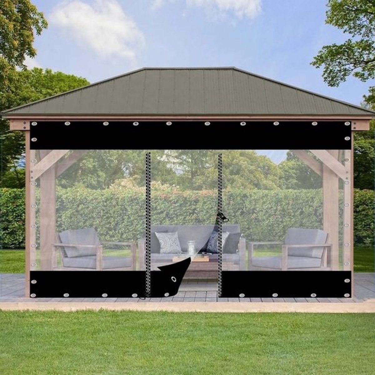 Transparant Zeil - Buitengordijn Waterdicht - Terras Afschermen - Met Rits Deur - 4.8x2.5m - Zwart