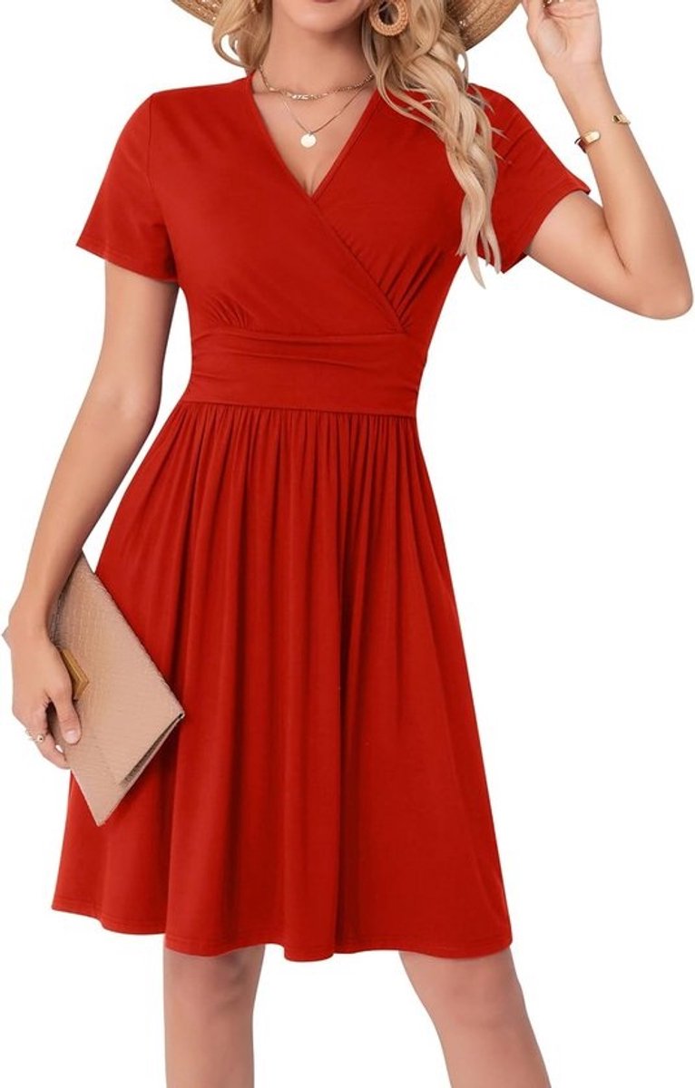 Elegante Middelgrote Jurk Dames met V-hals en Korte Mouwen