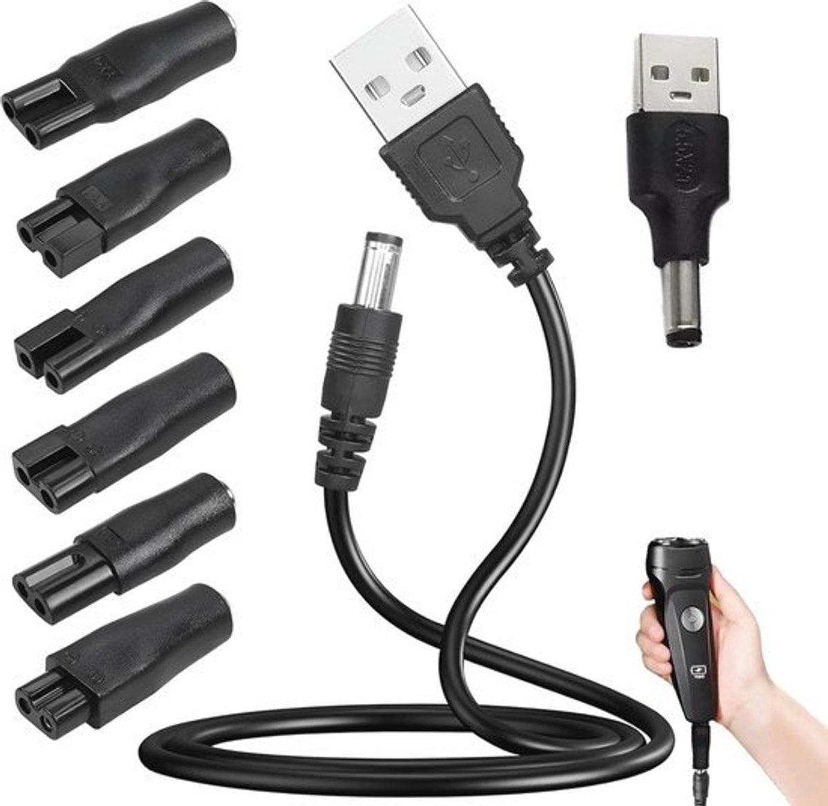 USB Scheerapparaatoplader met 7 Adapters - Universele Oplader voor Elektrische Scheerapparaten