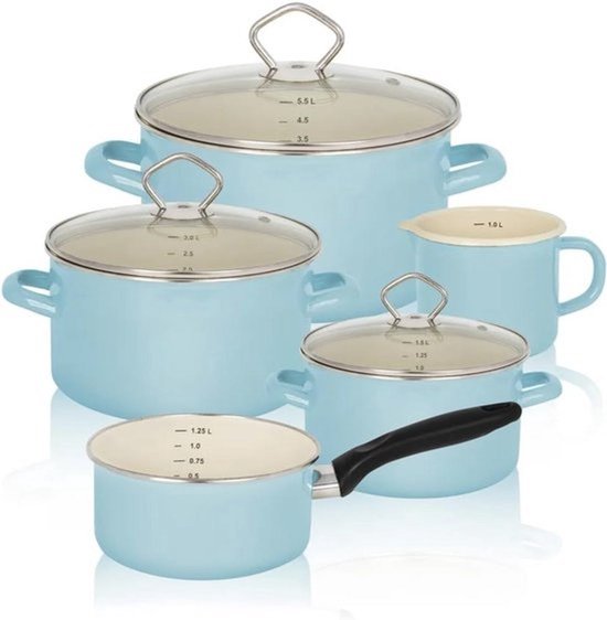 5-delige emaille pannenset in pastelblauw met deksels en melkpan